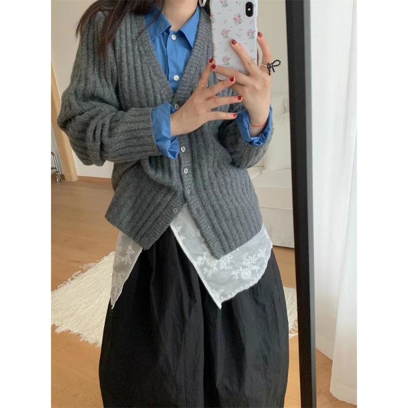 

Простой повседневный и тонкий вязаный кардиган женский осенне-зимний новый мягкий восковой модный однотонный свитер куртка трендовый топ one size fits all темно-серого