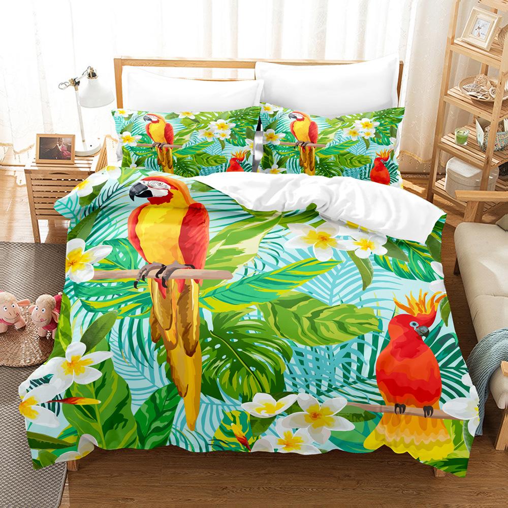 Tropical Plant Kit 3D Digital Printing Quilt Cover Flower Green Leaf Bedding Three-Piece Set