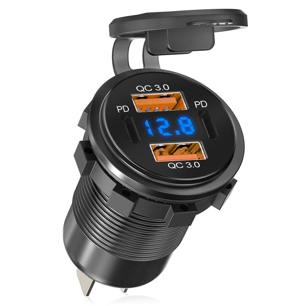 96W Car Charger Power Outlet Socket Dual QC3.0 & Dual PD3.0 USB Socket with Voltmeter 12-24V Waterproof for Car Boat Truck