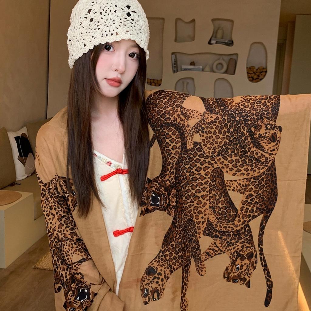 Brown Leopard Leopard Print Silk Scarf Shawl Women's Outdoor 1116 New Spring and Autumn High-end Air-conditioned Room Scarf Dual-purpose