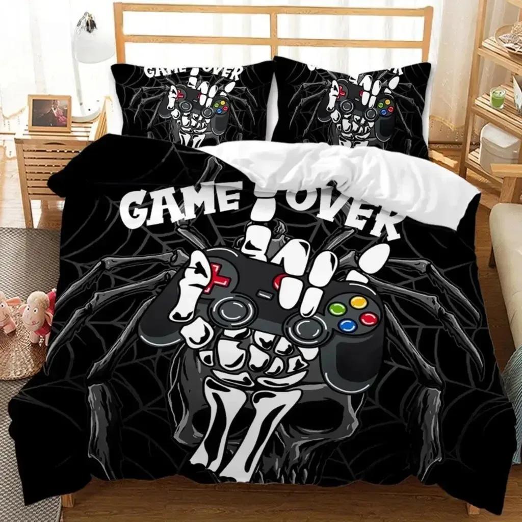 Gaming Duvet Cover Set Sugar Skull Gamer Bedding Spider Web Halloween Polyester Duvet Cover Kids Juvenile Hand Skeleton Gamepad