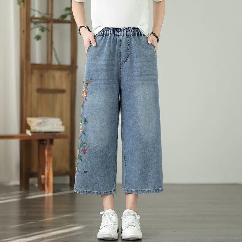 

Художественные Ретро Тяжелая Промышленность Вышитые Ковбойские Широкие Брюки Летний Новый Стиль Эластичная Талия Универсальные Светло-Голубые Брюки Девять Десятых для Женщин 3XL синий
