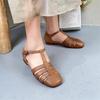 Johnature Handmade Genuine Leather Sandals Versatile Round Toe Buckle Strap Cowhide Flat Women's Shoes