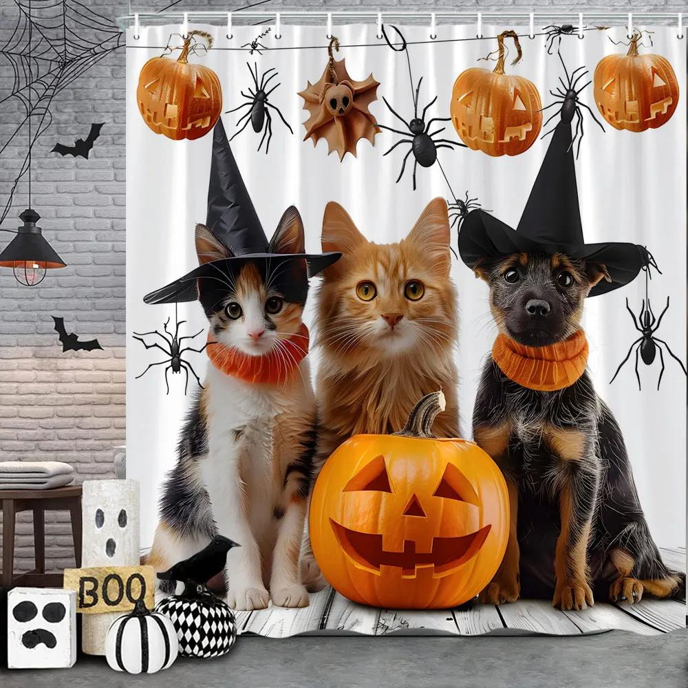 Funny Cat Halloween Shower Curtain Pumpkin Spider Animal Holiday Gift Polyester Curtains Bathroom Decor Hooks For Made Of