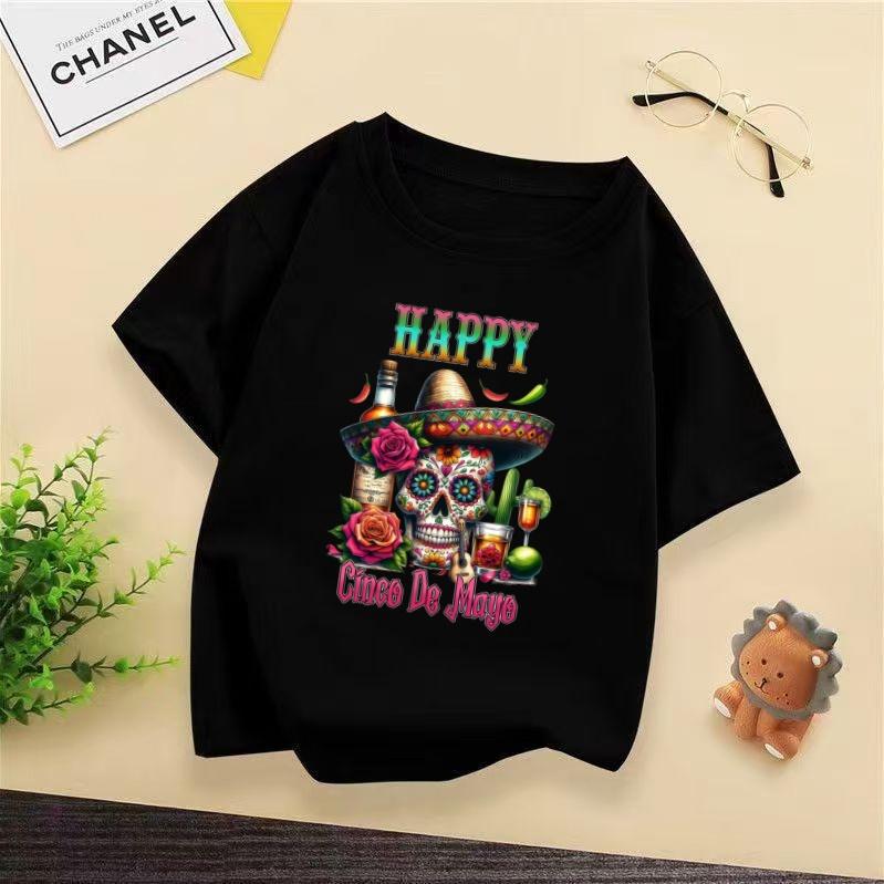 Mexican Carnival Themed Childrens Tshirt Retro Ethnic Style Printed Childrens Round Neck Tshirt Holiday Party 100