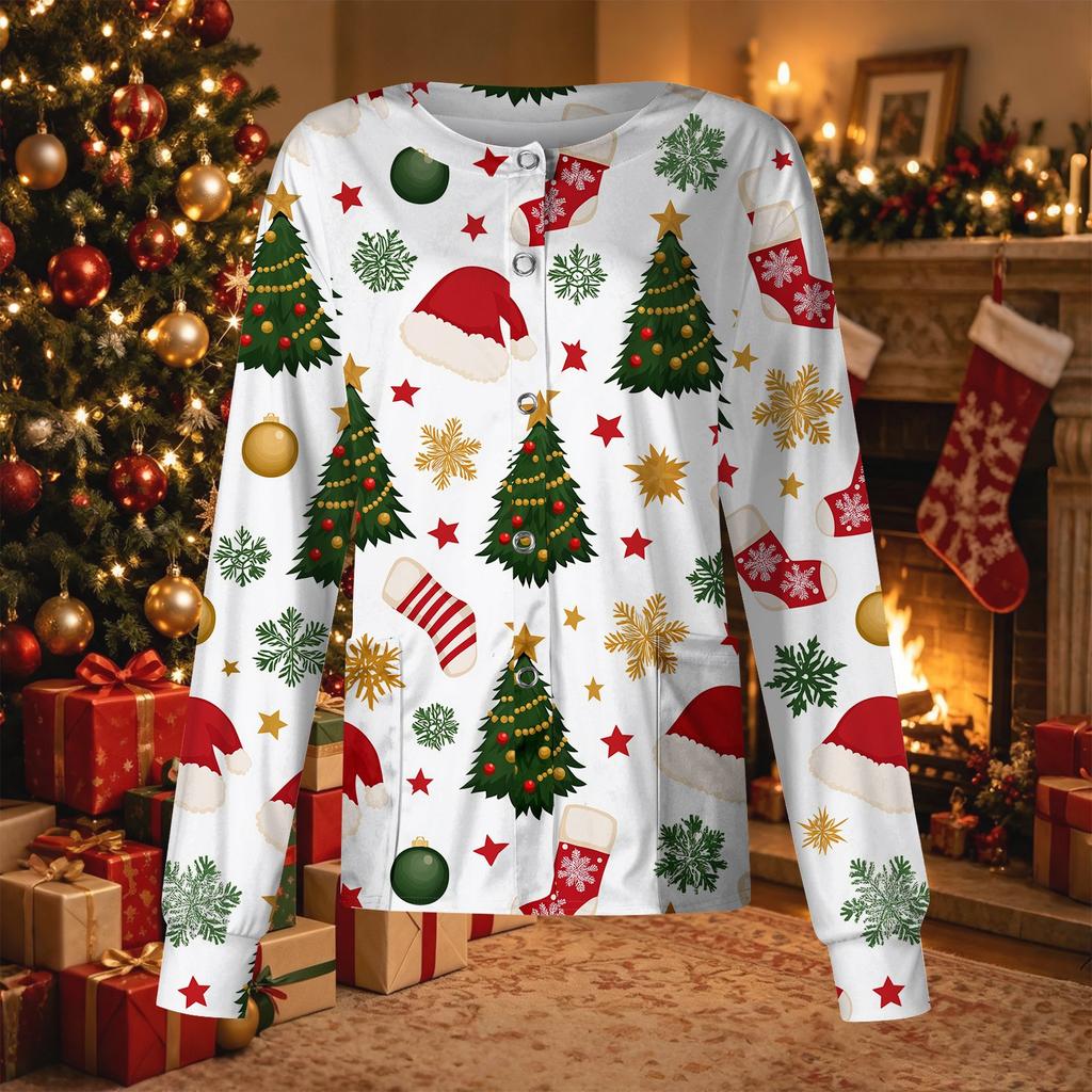 Women's Casual Christmas Print Long Sleeve Button Front Cardigan Scrub Top