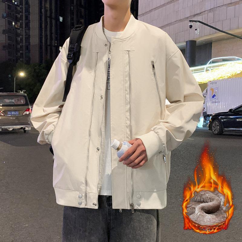 

Осень и Зима Свободная Парная Куртка с Воротником Бейсбол на Молнии Однотонная Водонепроницаемая S слоновая кость