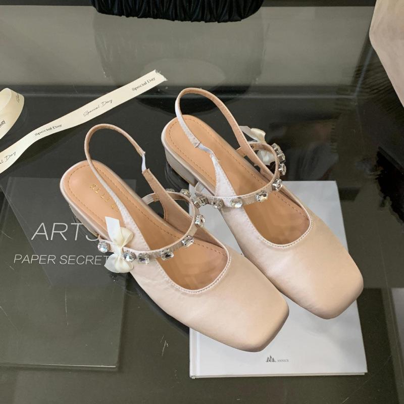2025 new retro Mary Jane single shoes back strap summer square head medium heel French bag head sandals women's spring and autumn