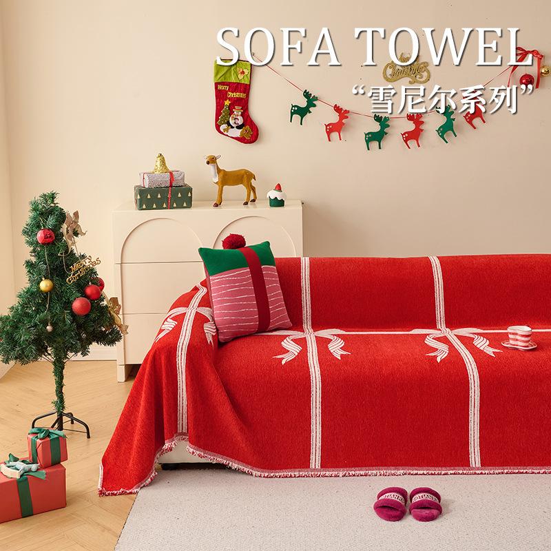Christmas Red Sofa Towel Fully Covered Sofa Cushion Luxurious Living Room Sofa Cover Blanket Non-Slip Festive Decorations