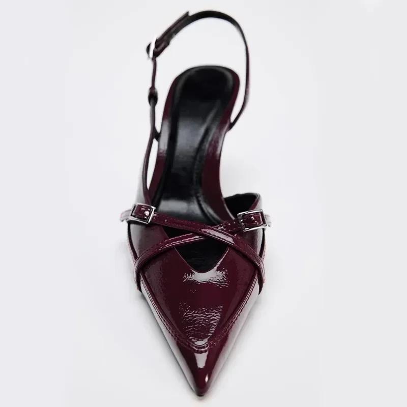 Fashion Elegant Metal Buckle Women Pumps Sexy Pointed Toe Slingbacks Thin High Heels Sandals High Quality Leather Luxury Designer Heels