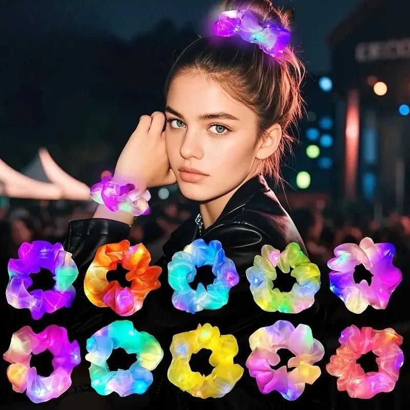 LED Glow Large Sausage Hair Tie DIY Night Light Headband Shiny Cheer Hairband Elastic Hair Accessories for Christmas Party Decor