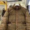 Women's Plaid Short Down Jacket with Stand-Up Collar