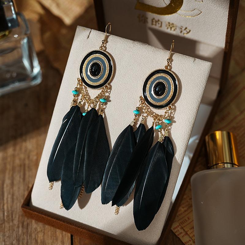 Bohemian Tassel Chain Feather Earrings for Women Unique Long Oval Drop Glaze Handmade Dangle Earring Pendiente Mujer Accessories
