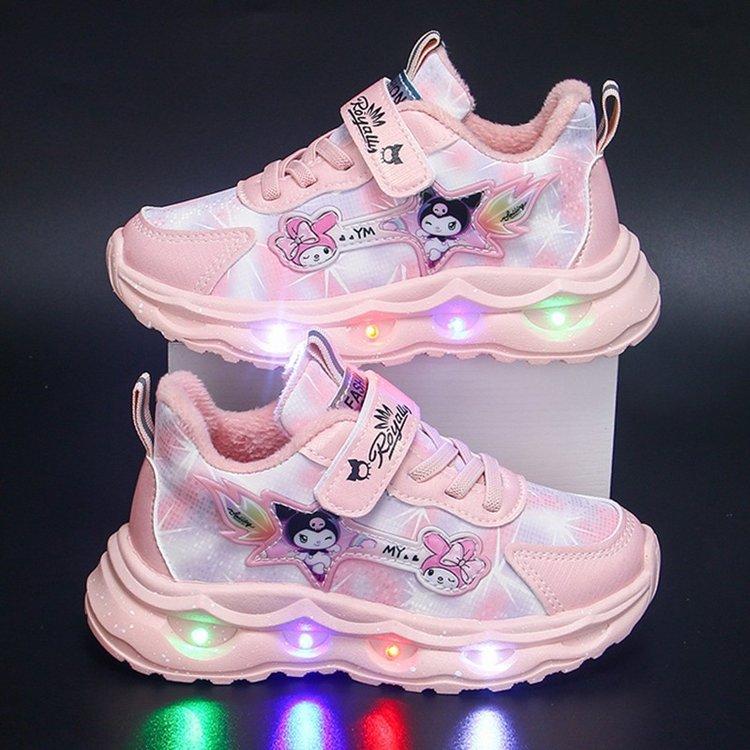 Kuromi Girls' Sneakers with Lights, New Autumn and Winter Children's Leather Shoes, Warm and Plush Running Shoes for Toddlers and Young Children