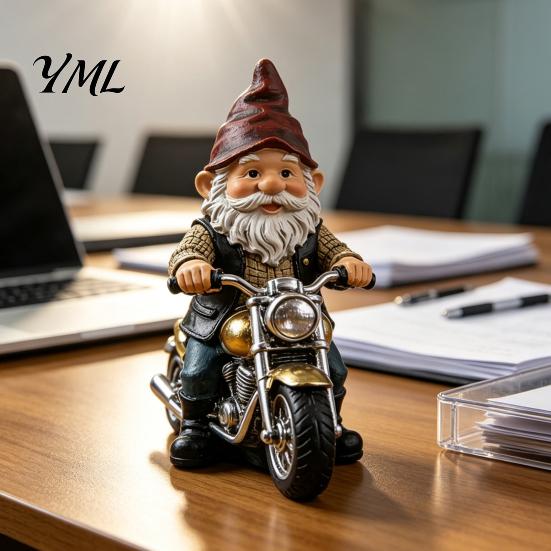 Retro Motorcycle Gnome Ornament Riding Figurine, Motorbike Dwarf Resin Statue Miniature Sculpture, for Home Office Desk Bookshelf Decor