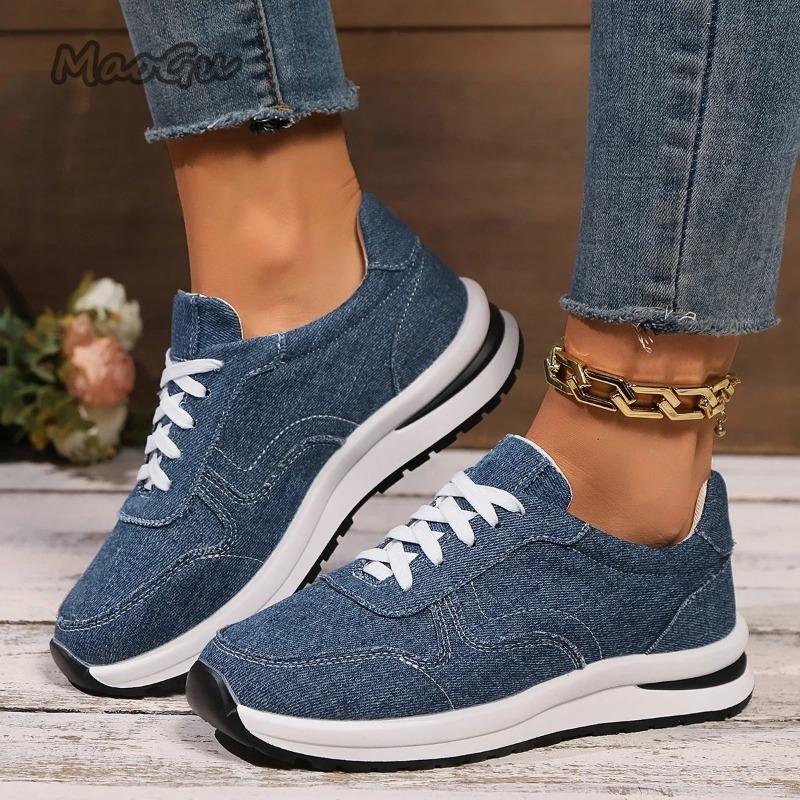 Fashion Blue Denim Platform Sneakers Women Fashion Thick Sole Lace Up Sports Shoes Woman Plus Size 43 Comfortable Casual Female Sneakers