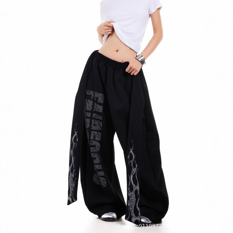 Vintage niche letter flame streamer casual sweatpants street design sense loose casual straight wide-leg pants