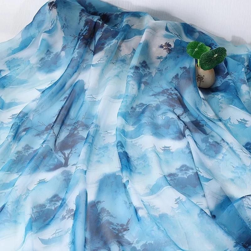 Hedvábný šátek dekorativní 30D Tištěný šifon Inkoustová malba Čínský styl Látka Starobylý kostým Hanfu Sukně Gáza Gázová oděvní látka