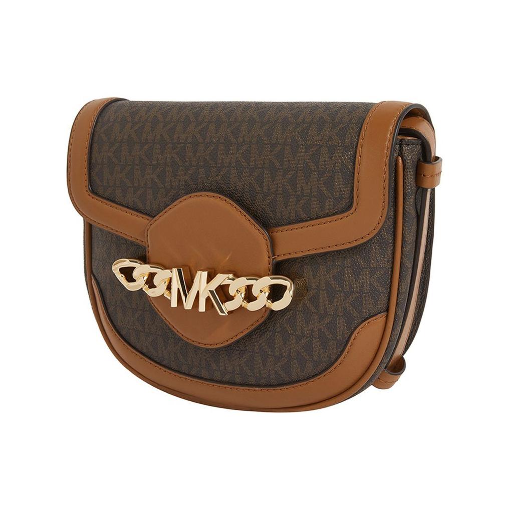 Michael Kors Hally Classic Monogram Print Color Block PVC Saddle Bag Women Shoulder Bag Dark-Brown Acorn-Brown 30H1G2HM6B-BRN-ACORN