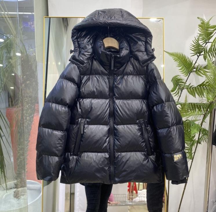Unisex Shiny Short Down Jacket: Off-Season Duck Down, Thick, Loose Fit, Black & Gold, Korean Style, Plus Size
