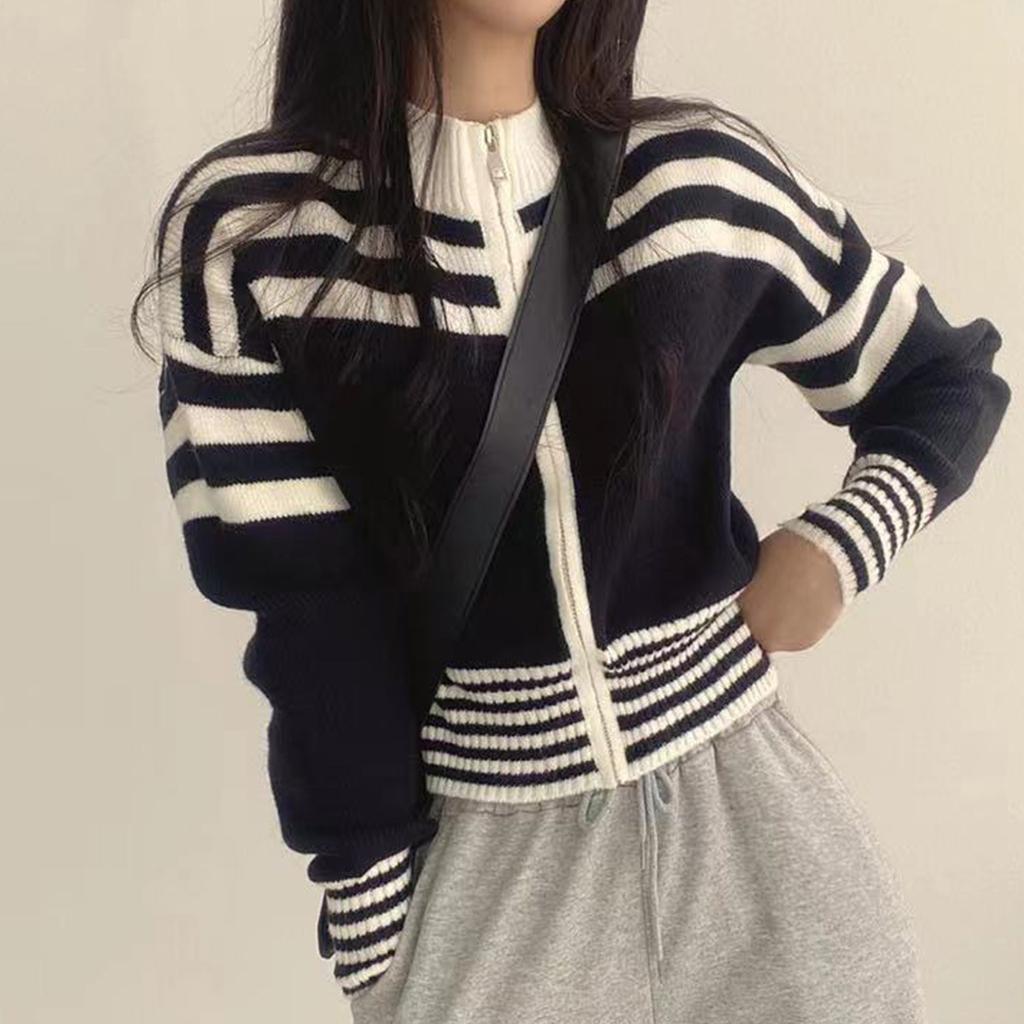 Korean Chic Autumn French Retro Zipper Stand Up Collar Waist Cinching Short Style Long Sleeved Striped Knit Sweater Jacket for Women