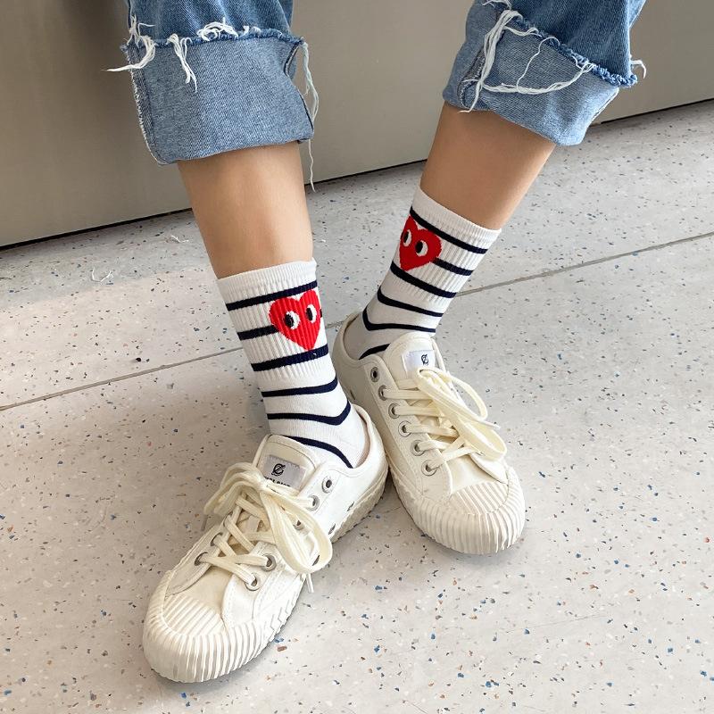 3 pairs of socks Trendy Crew Heart Print Pattern Embroidered Perfect for Any Occasion Women's Socks Stylish Stripe Neck Socks Accessories