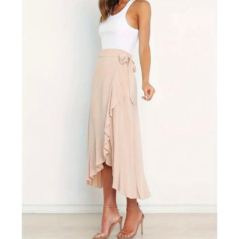 

Foreign Trade Personality Fashion One Piece Frill Split High Quality Lady Elegant Vacation Wrap Elegant Skirt Apricot color L