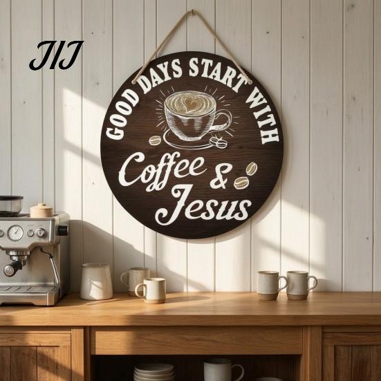 Rustic Home Wall Decor Wooden Coffee Bar Signs, Themed Hanging Sign, Cup Decorative Wood Signs for Breakfast Nook Shape & Round Plaque Farmhouse