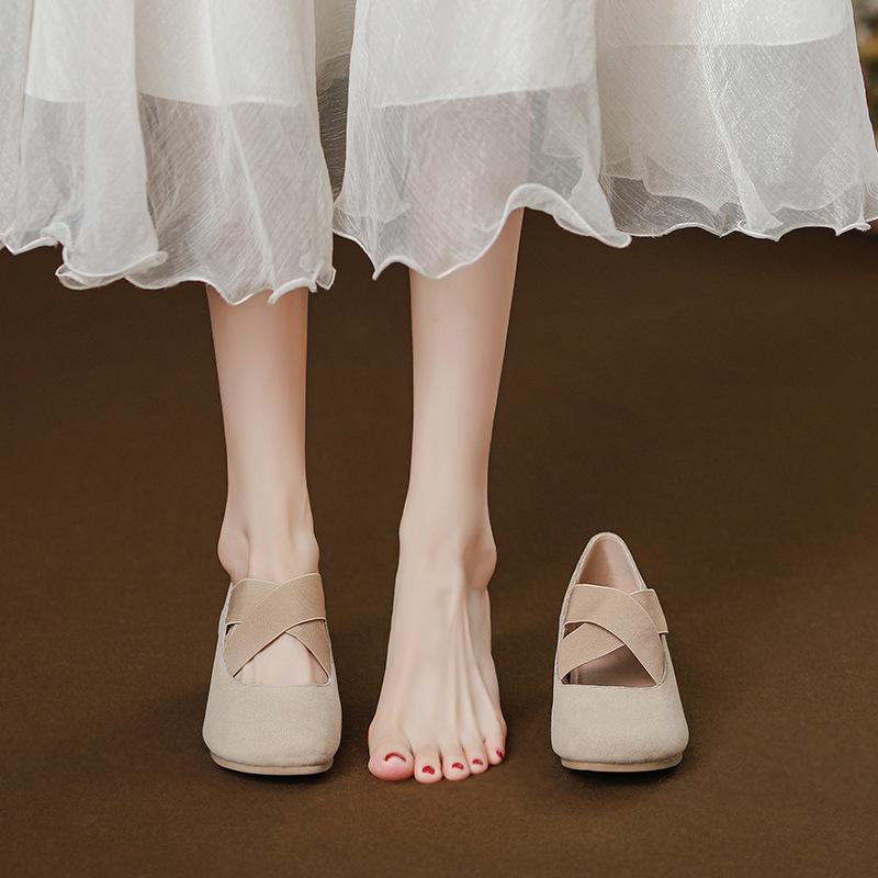 

Coarse heel ballet Mary Jane single shoes 2025 new cross elastic belt high heels women s daily versatility increases height and looks thin 34 абрикосовый