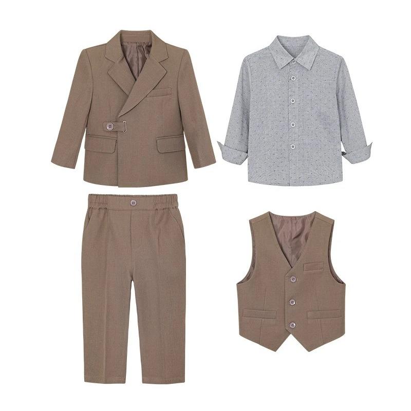 Teen Boys 4 Piece Gentleman Suit Asymmetrical Buckle Blazer Vest Dot Print Shirt Straight Pants Kids Wedding Birthday Formal Photo Matching Outfit