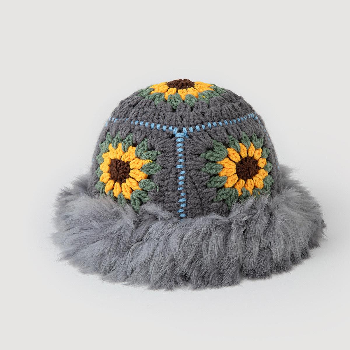 

Autumn and winter terry bucket hat cute handmade wool hat thickened fur versatile thermal hat plush knitted hat women M（56-58cm） сірий колір