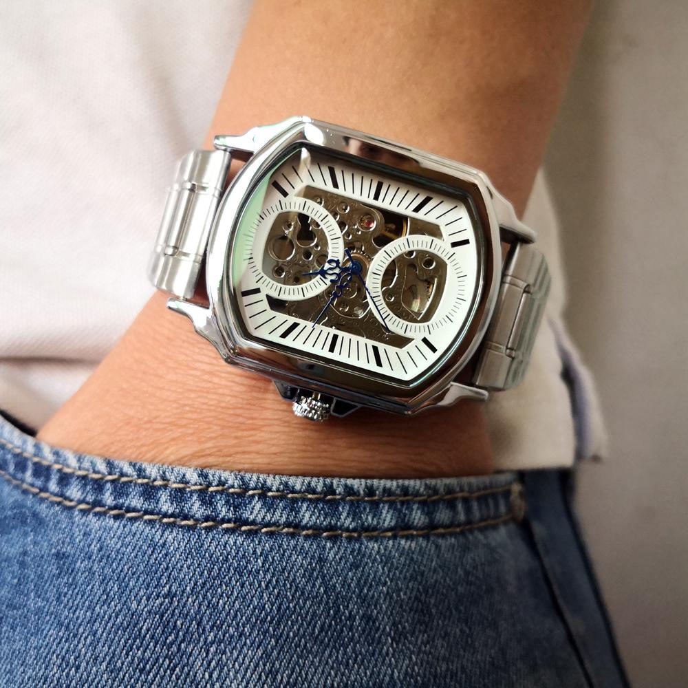 New Luxury Design Transparent Case Silver Stainless Steel Mens Watches Top Brand Luxury Automatic Self-Wind Skeleton Wristwatch