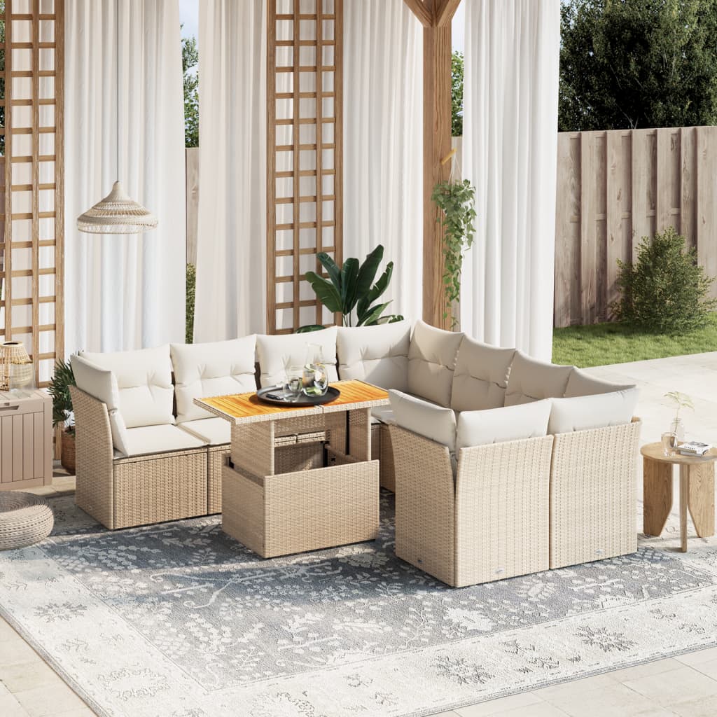 Vidaxl 9-Cz. Garden Furniture Set With Cushions, Beige, Poly Rattan
