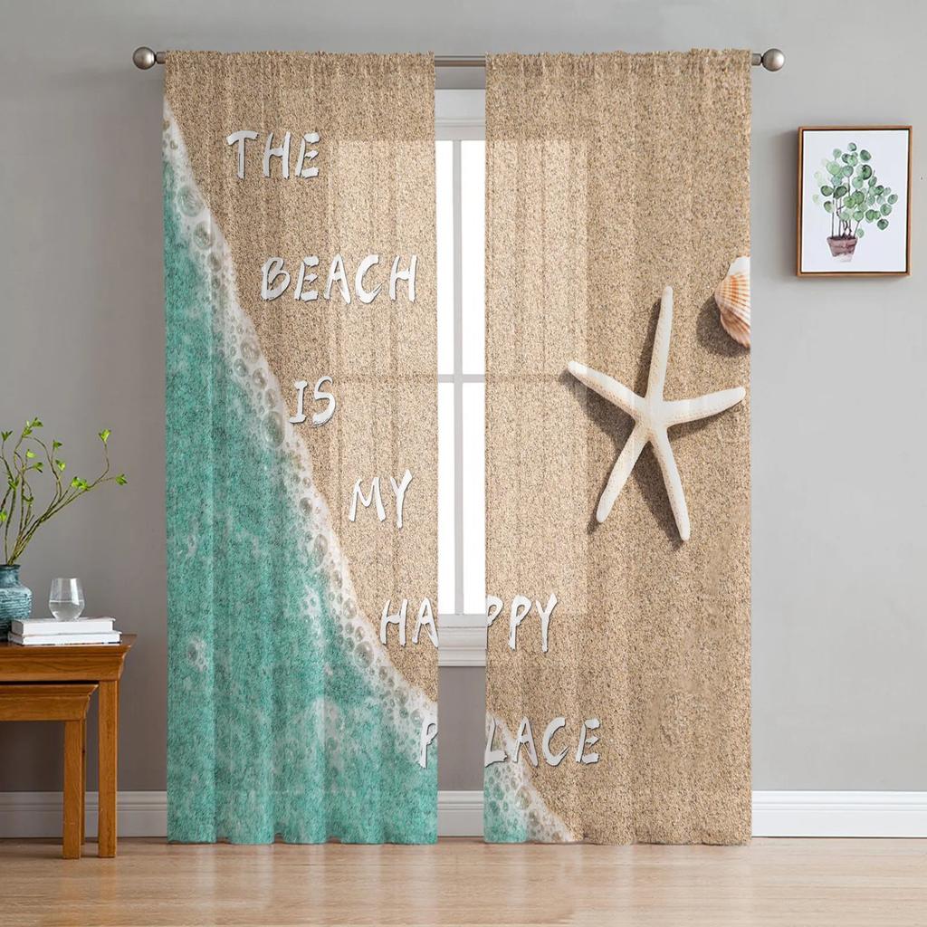 Beach Seashell Starfish Conch Curtain Living Room Bedroom Voile Drape Kitchen Window Tulle Curtains Home Essentials Sheer Polyester Great Decor