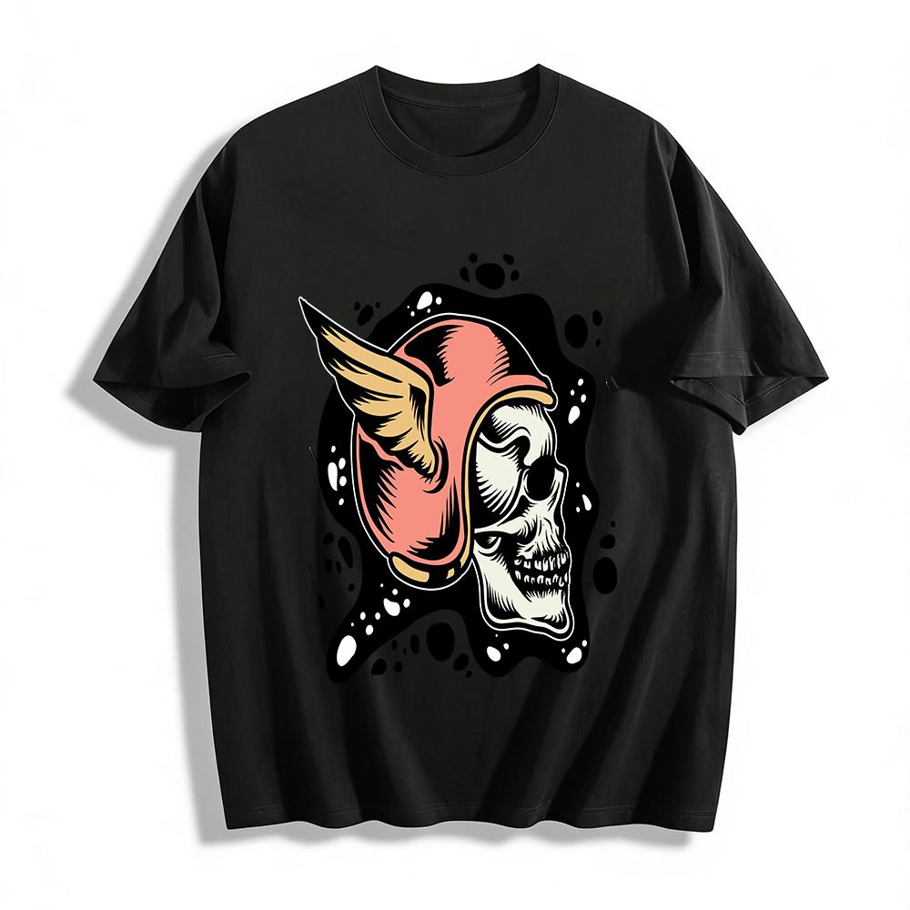 

Vintage Winged Helmet Skull Print Trendy Casual Short Sleeve T-Shirt Pure cotton T-shirt 6XL