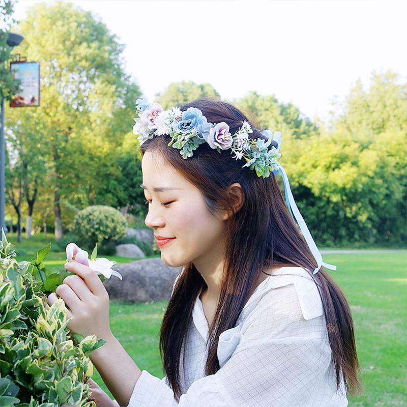 Blue Flower Hair Wreath Headband Crown Garland with Adjustable Ribbon Festivals Wedding Party Headpiece for Women Girl