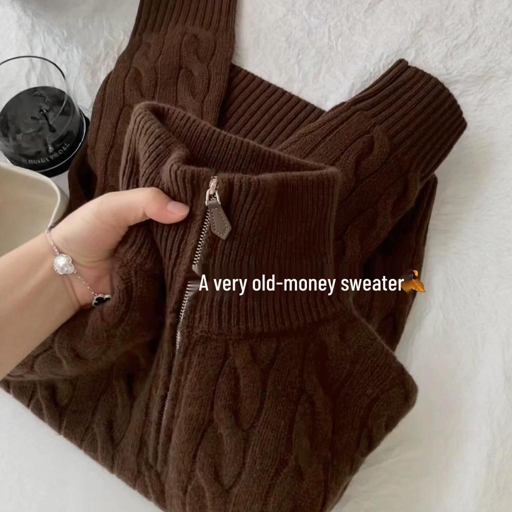 Women's American Style Coffee High-Neck Twist Knit Sweater - Autumn/Winter Versatile Half-Zip Base Layer