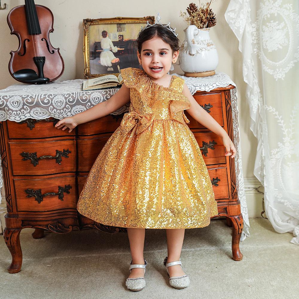2024 Kinder Pailletten Blumenmädchenkleid - Aufgebauschtes Rockteil Hochzeit/Geburtstag Prinzessinnenkostüm