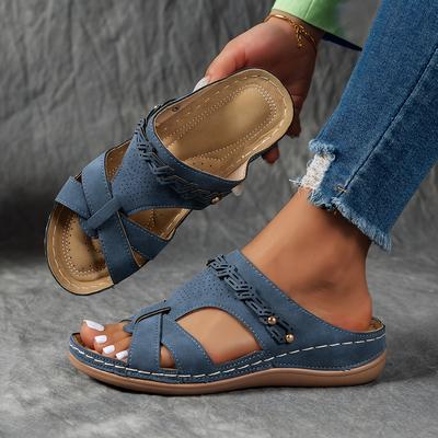 Damen Strandslipper Slip-On Zehenfrei Lässige Sandalen mit Verstellbaren Riemen, Atmungsaktive Flacher Absatz Komfortschuhe