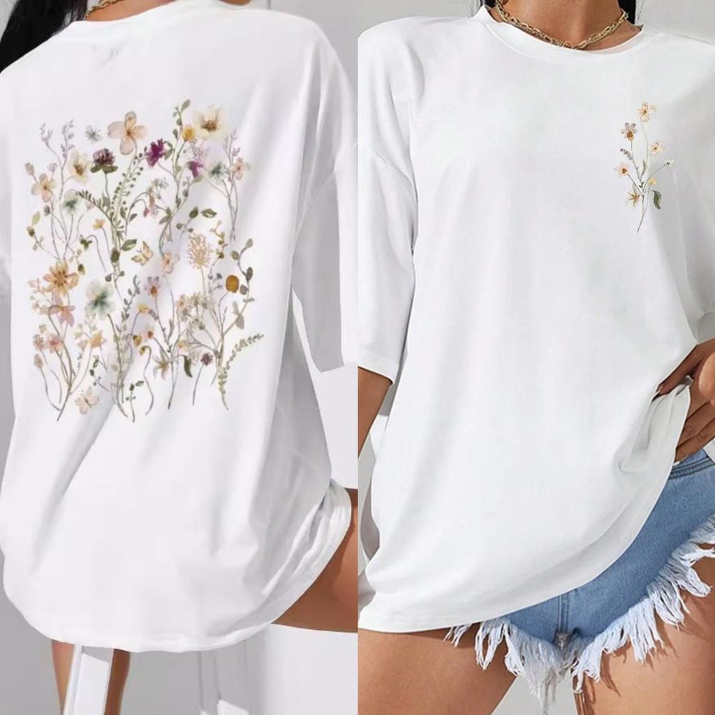 Women's Spring/Summer Fresh Print Short-Sleeve Top Breathable Loose-Fit Pullover T-Shirt