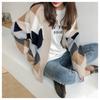 Frauen Pullover Herbst Winter Casual Plaid V-ausschnitt Strickjacken Einreiher Puff Ärmel Lose