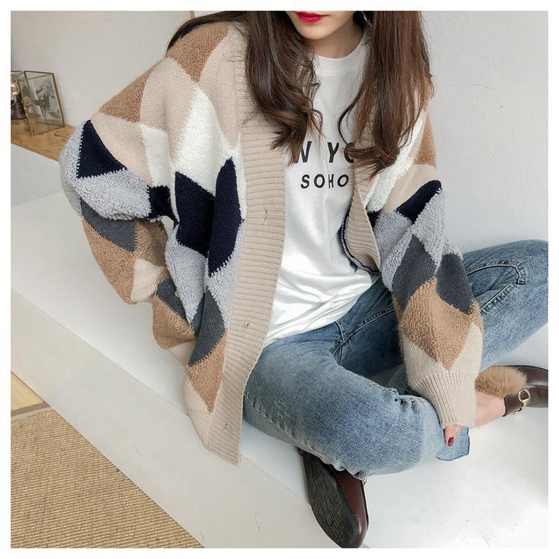 Women's Sweaters Autumn Winter Casual Plaid V-Neck Cardigans Single Breasted Puff Sleeve Loose
