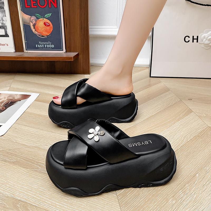 Fashion 8CM Heels Chunky Slippers For Women Open Toe High Platform Leather Sandals Woman 2025 New Summer Thick Bottom Beach Flip Flops