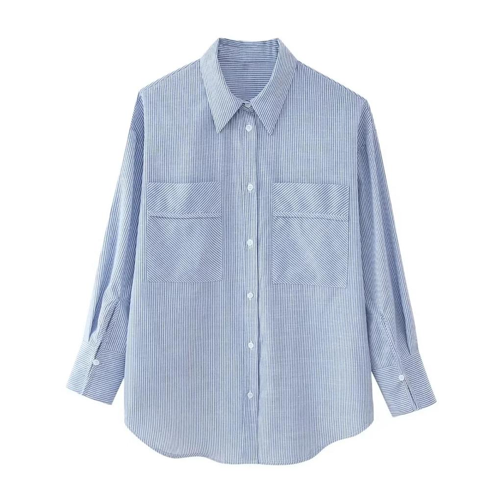 Pijamas Women 2 Pieces Outfits Set Pocket Striped Turn-Down Collar Shirts Tops Loose Pants Homewear Casual Sleepwear Women Pjs