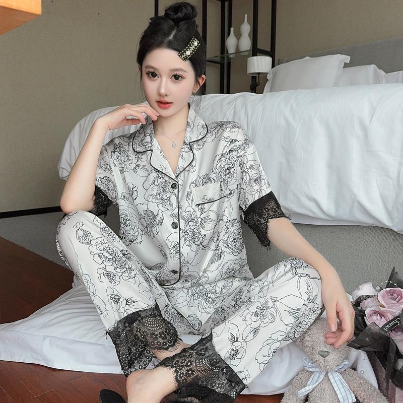 Light Luxury Summer Popular Ice Silk Thin Short-Sleeved Trousers Floral High-End Loungewear Set