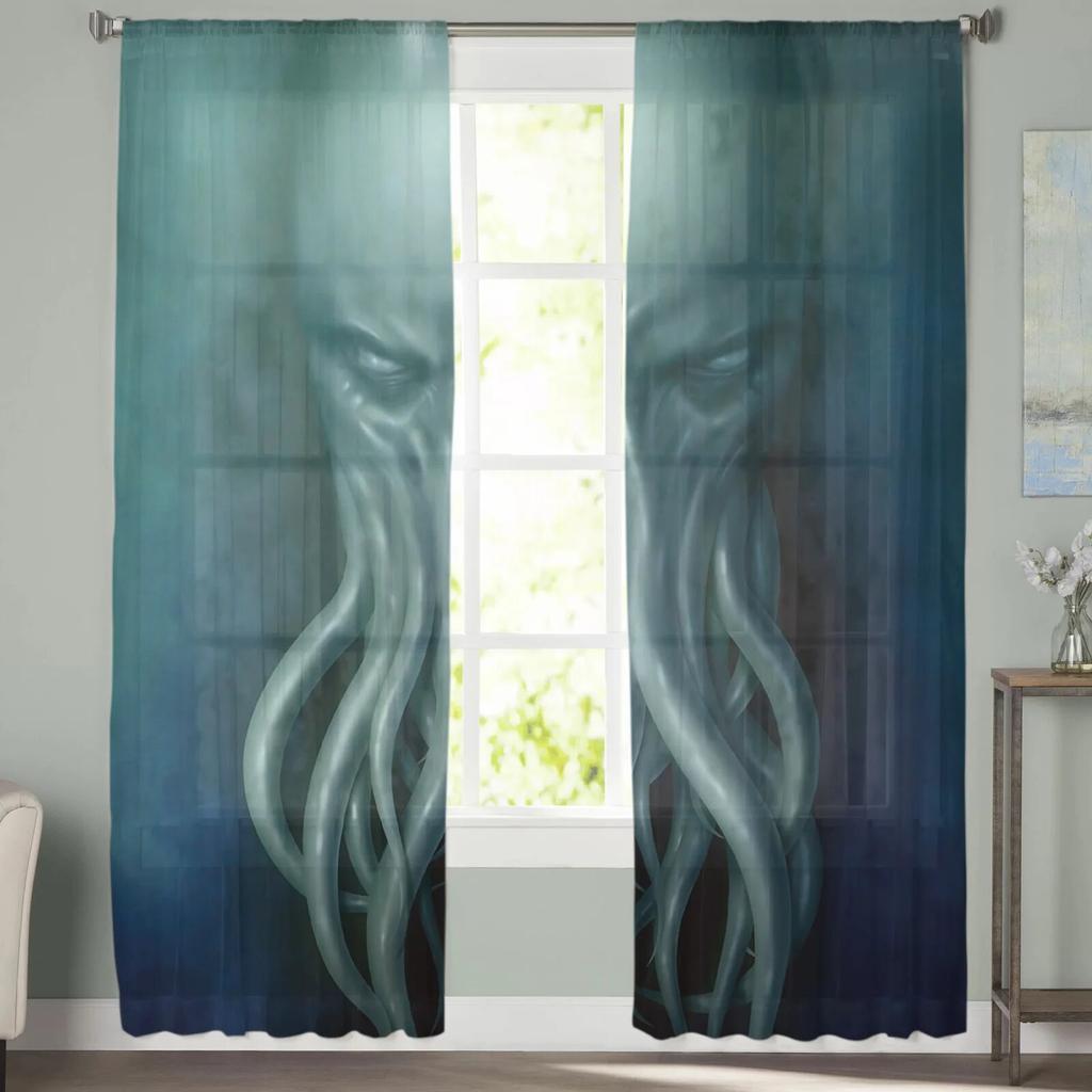 Sea Octopus Retro Cthulhu Sheer Curtains for Living Room Modern Voile Curtain Bedroom Tulle Curtains Window Drapes Decor