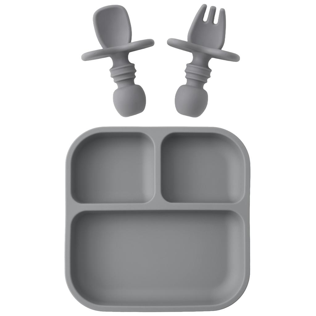 Color Kids 1 Set BPA-freies Silikon Quadratisches Baby Fütterungsset Saugplatten Trainingsgabel Löffel Für 0-6 Jahre Kindergeschirr