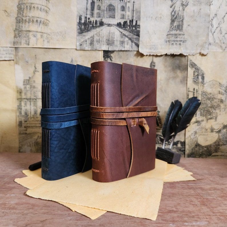

Handmade Vintage look Brown/Blue Unlined Leather Journal with lace Leather Diary Notebook Sketchbook 7 x 5 in