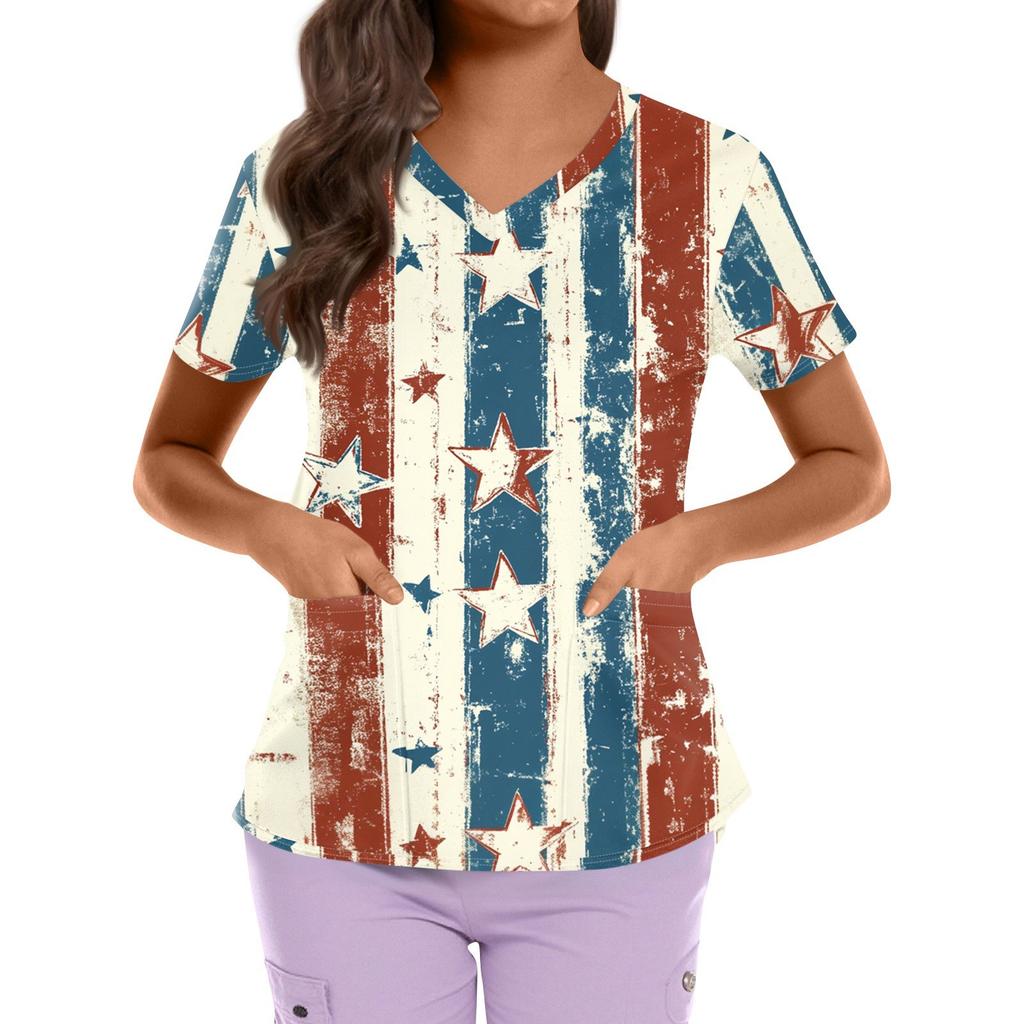 Topuri Uniformă de Lucru Scrub Imprimate Mărimi Mari Pentru Femei Gât în V Încrucișat Imprimeu Ziua Independenței Mânecă Scurtă Tricouri Amuzante Tricou de Lucru cu Buzunare
