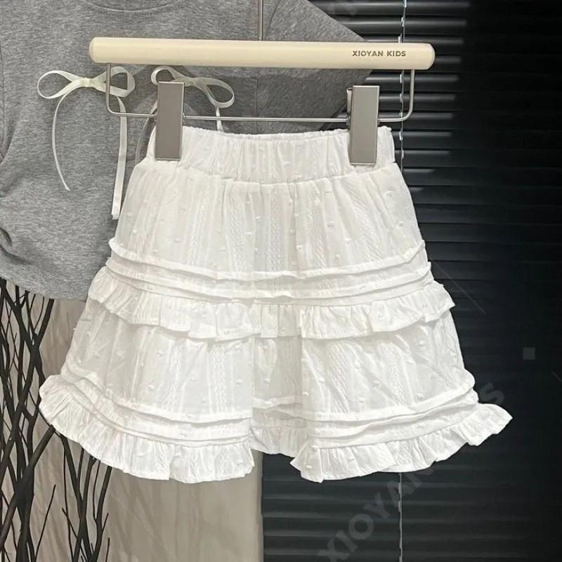 Casual Girls Two Piece Set With Short Sleeve Butterfly Knot T-shirt And Cake Skirt White Cake Skirt,120